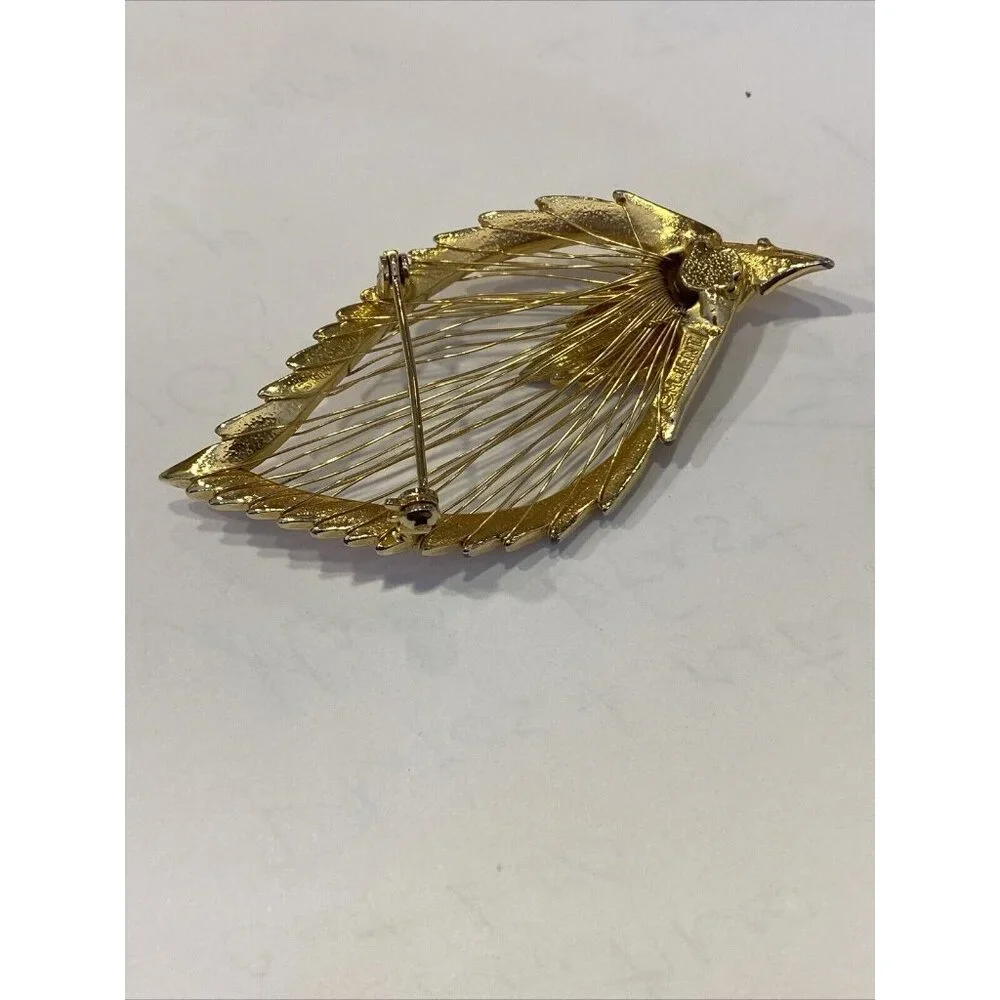 M. J. Ent. Filigree Feather Leaf Pin / Brooch Harp Gold Toned Signed